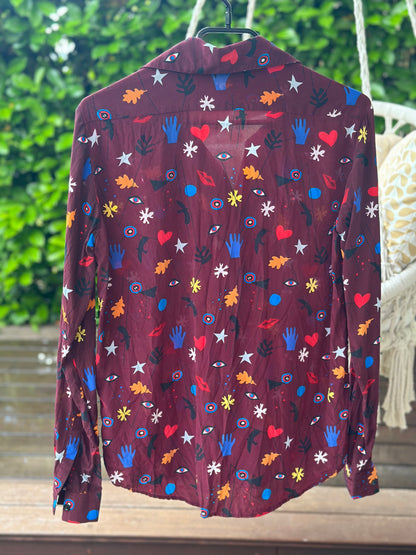 Chemise imprimée en soie bordeaux multicolore T.36