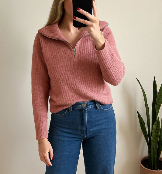 Pull camionneur maille rose clair laine et alpaga T.40