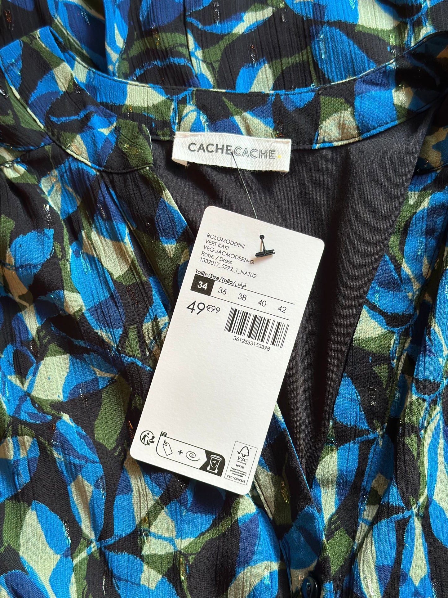Robe longue imprimé graphique bleu neuve avec étiquette T.34