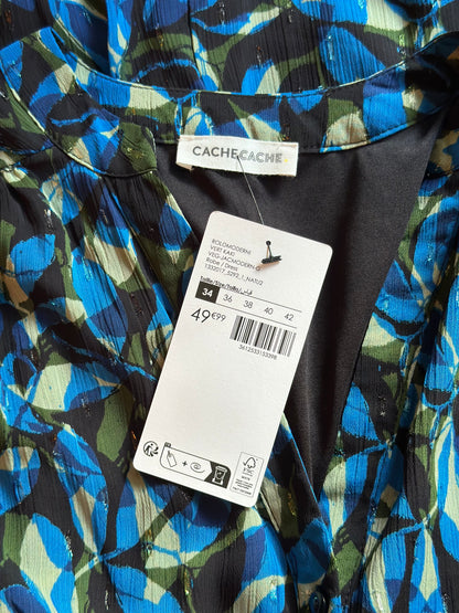 Robe longue imprimé graphique bleu neuve avec étiquette T.34