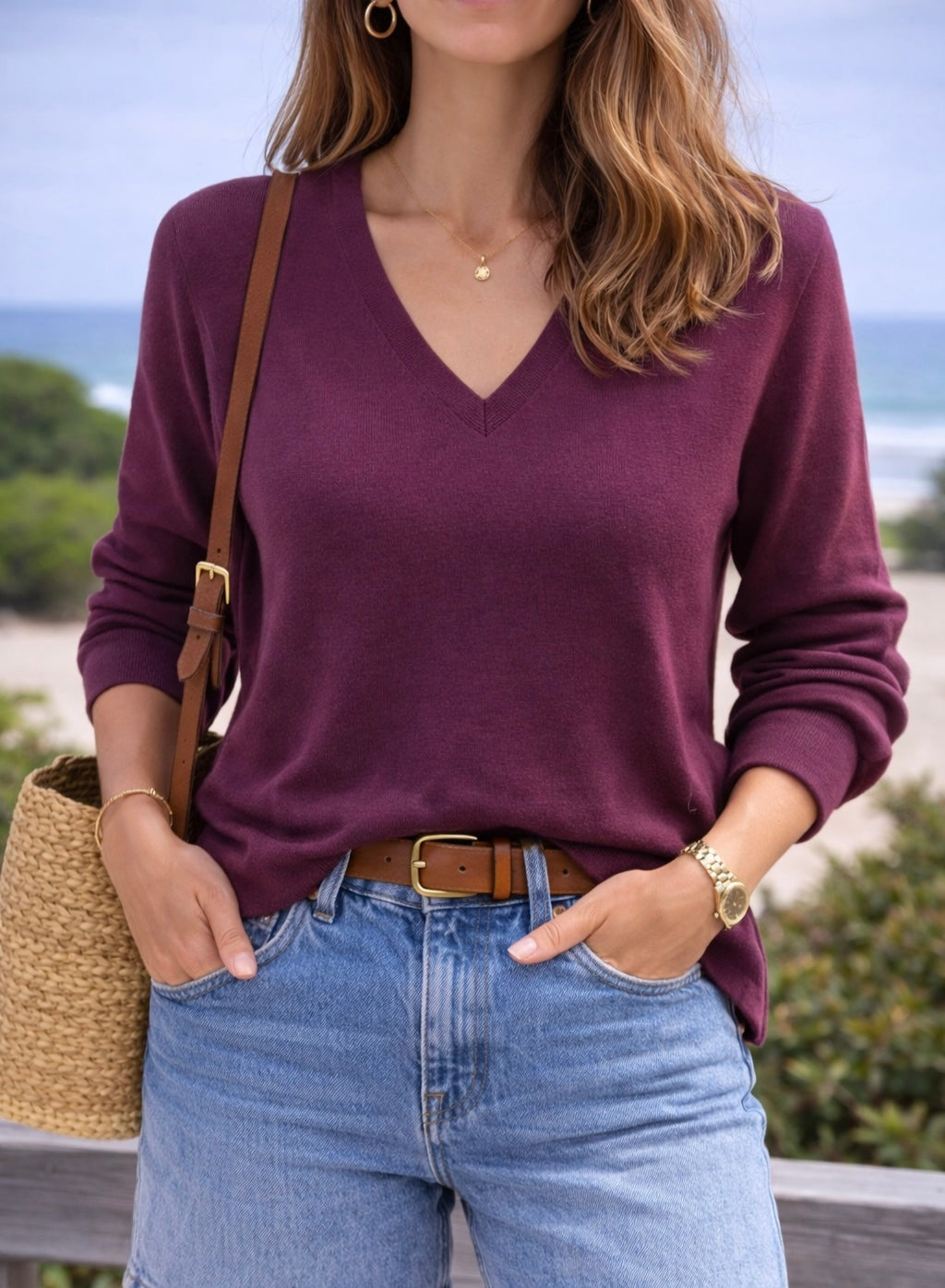 Pull col V uni bordeaux en laine T.38