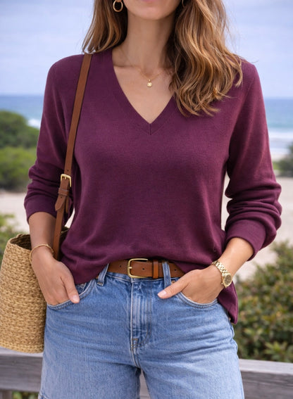 Pull col V uni bordeaux en laine T.38