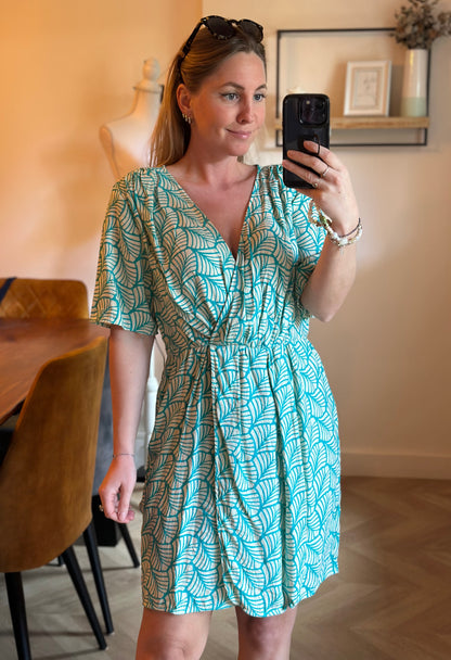 Robe d’été cache-cœur imprimé turquoise et blanc T.38