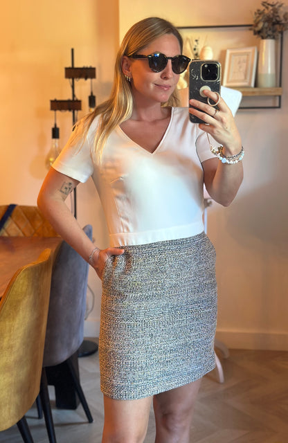 Robe droite bi-matière Caroll Paris blanche et tweed beige T.34