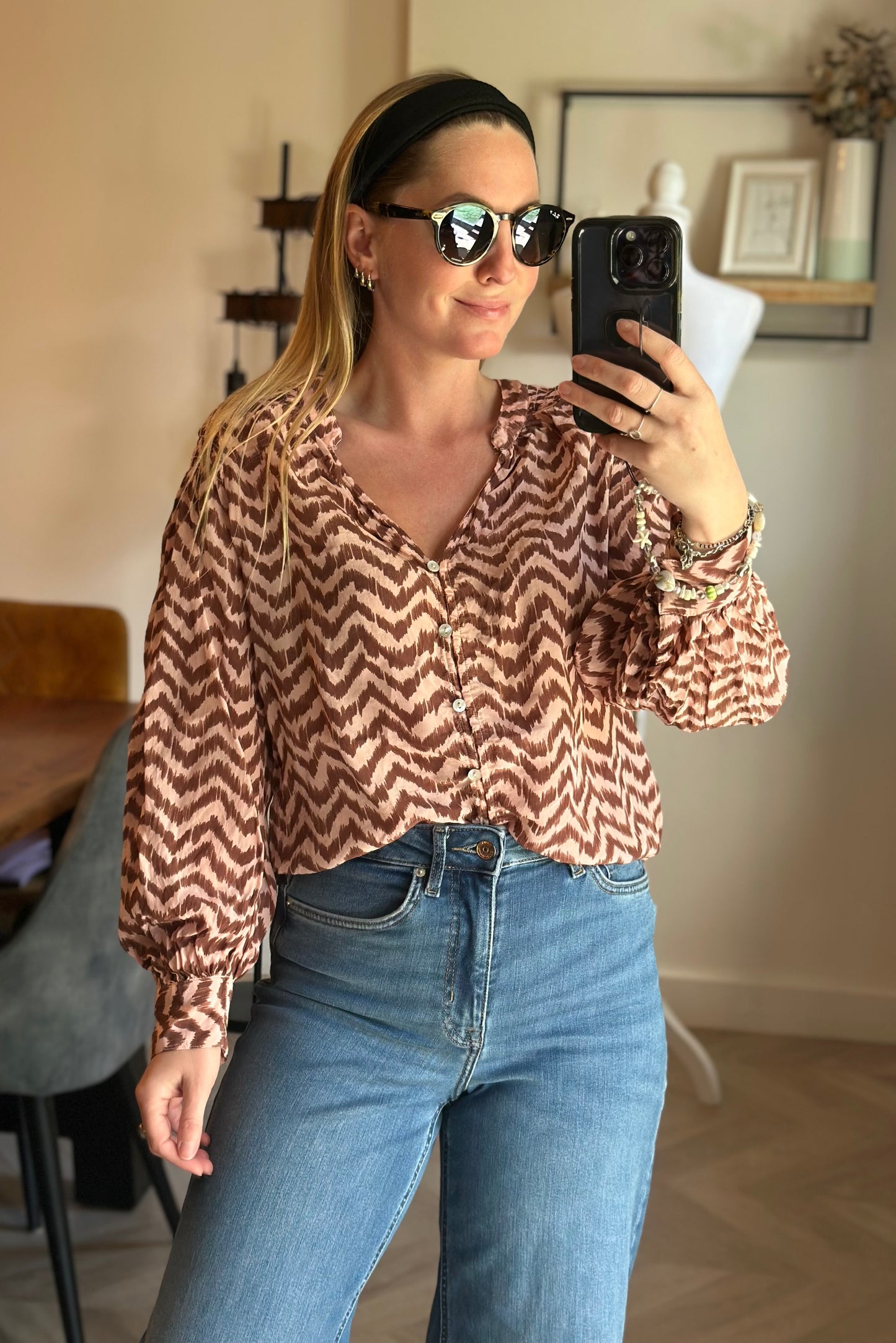 Blouse fluide imprimé marron et beige T.34