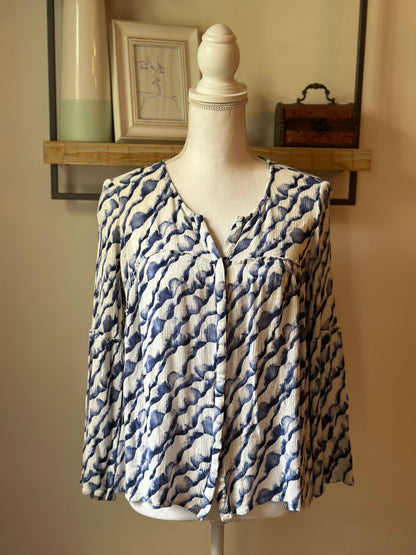 Chemisier imprimé bleu et blanc modèle Fuzzy T.36
