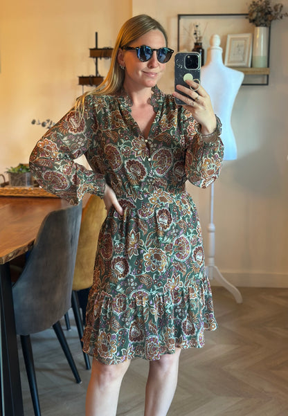 Robe courte imprimé bohème kaki T.40
