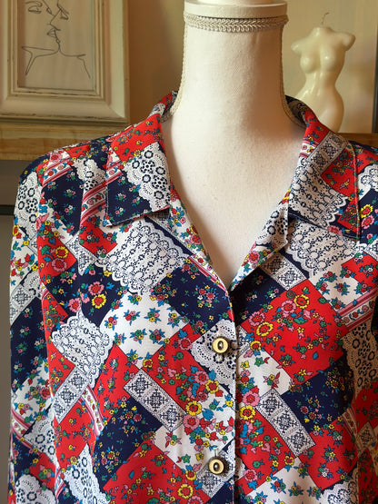 Chemise vintage imprimé patchwork fleuri made in France T.U