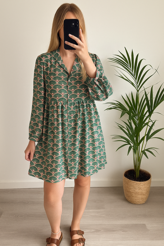 Robe fluide imprimé éventails verts T.36