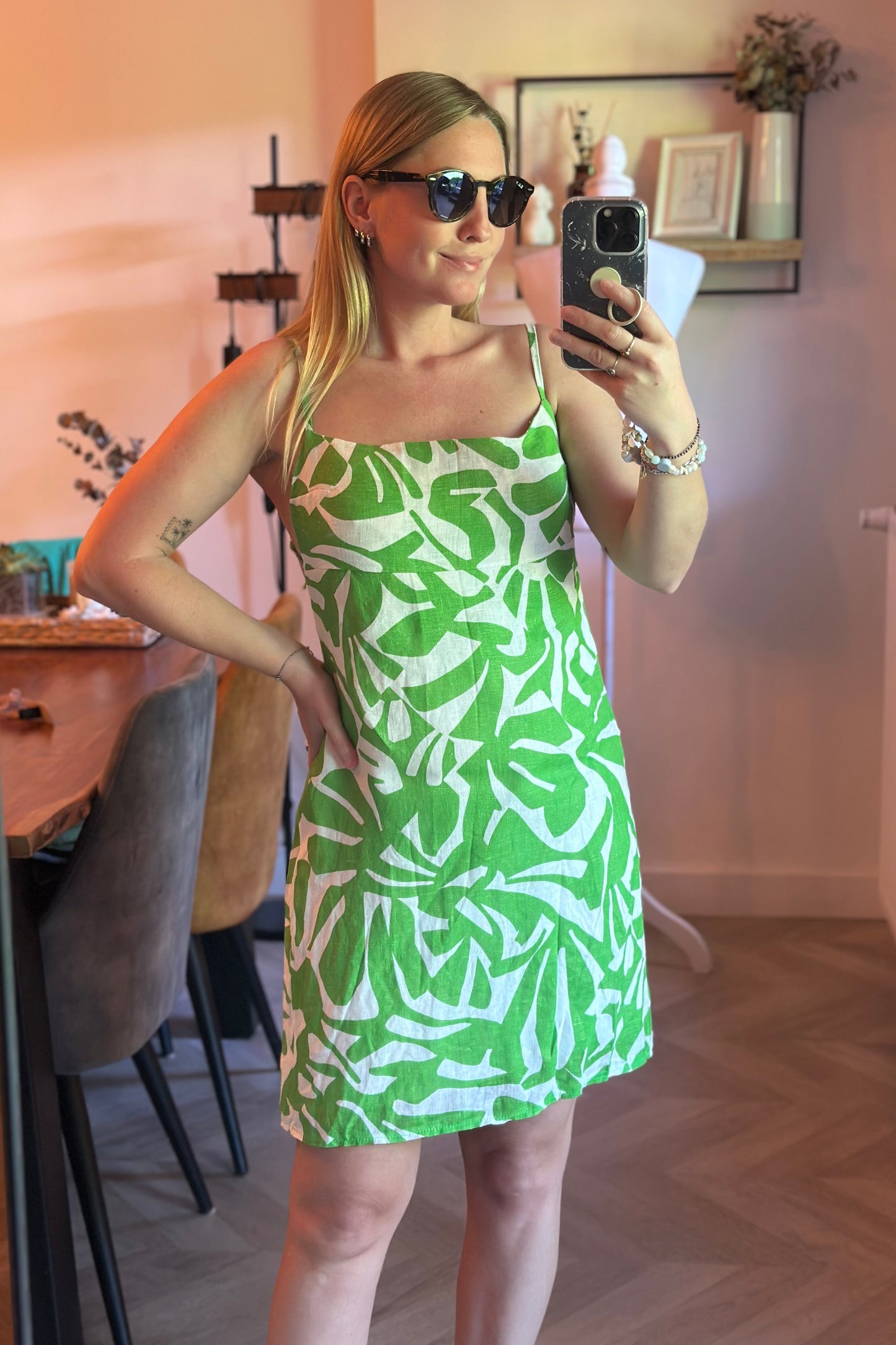 Robe dos nu imprimé tropical vert blanc en lin Made in Italy T.36