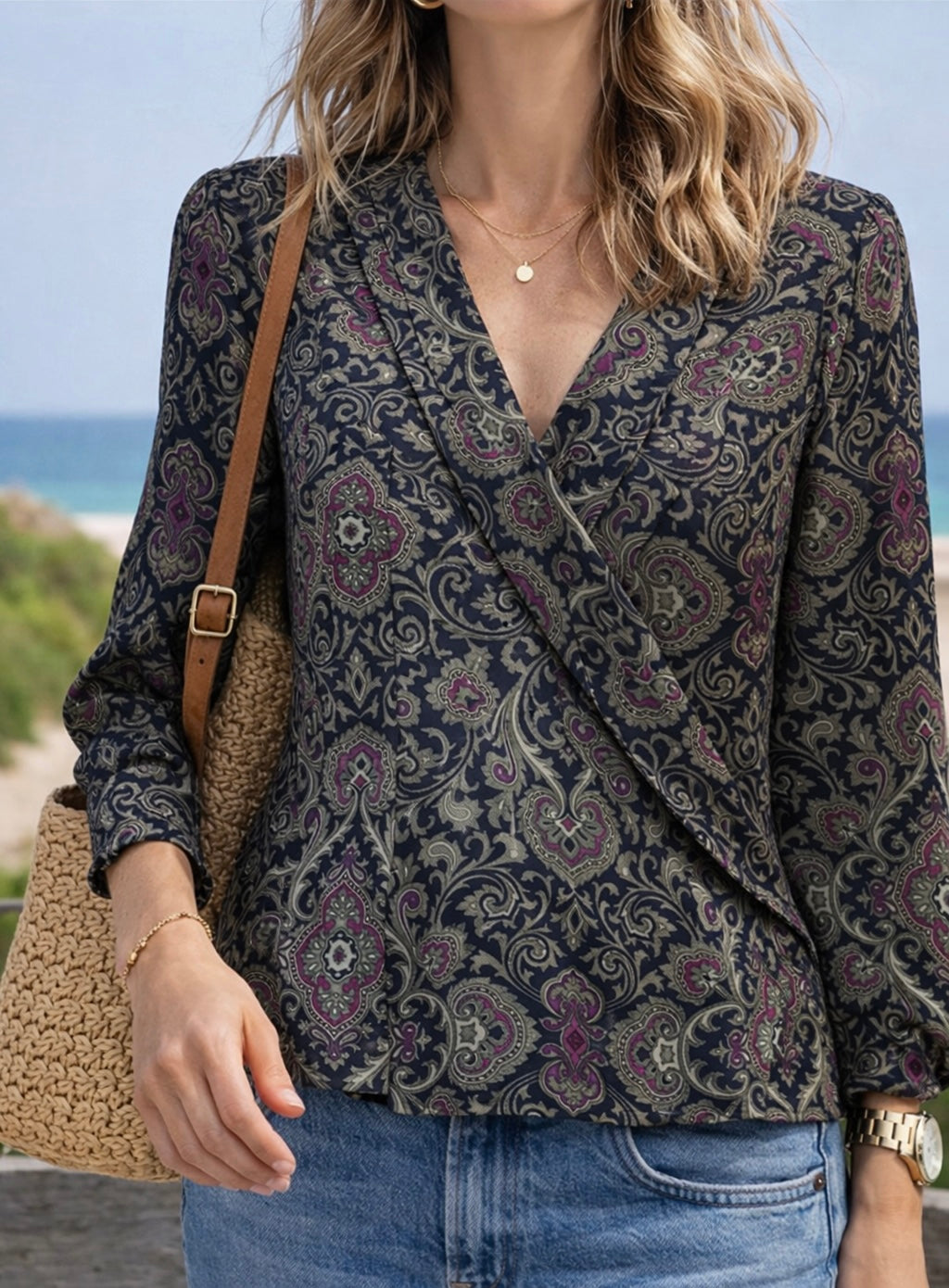 Blouse portefeuille vintage motif cachemire 100% soie T.38