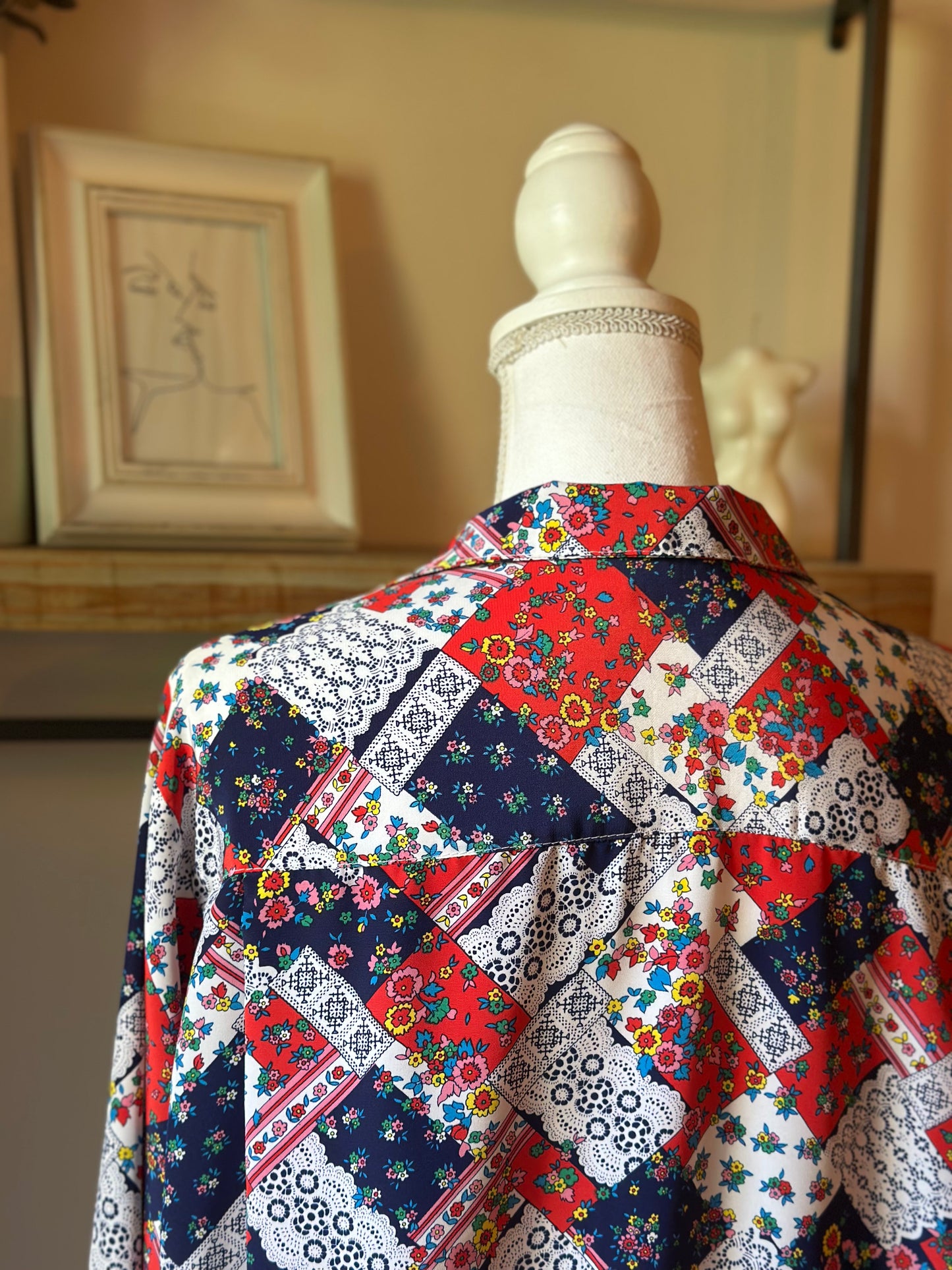 Chemise vintage imprimé patchwork fleuri made in France T.U