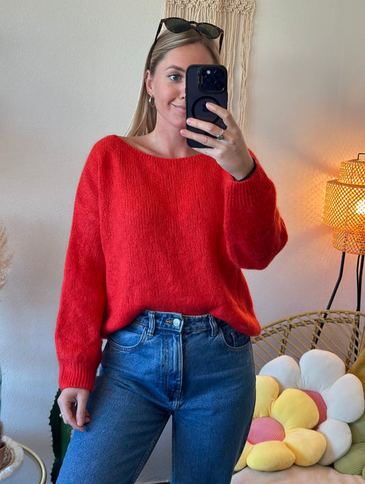 Pull rouge en maille laine et kid mohair T.U