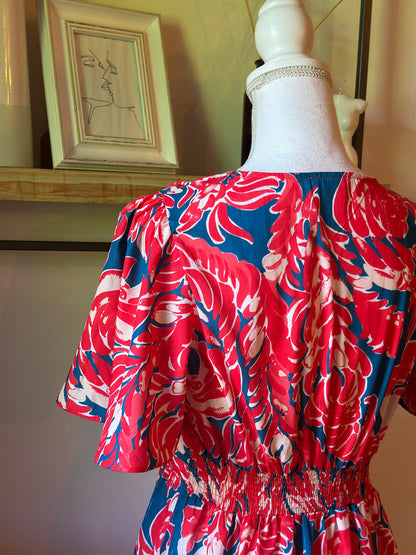 Robe fluide imprimé tropical rouge bleu T.38/40