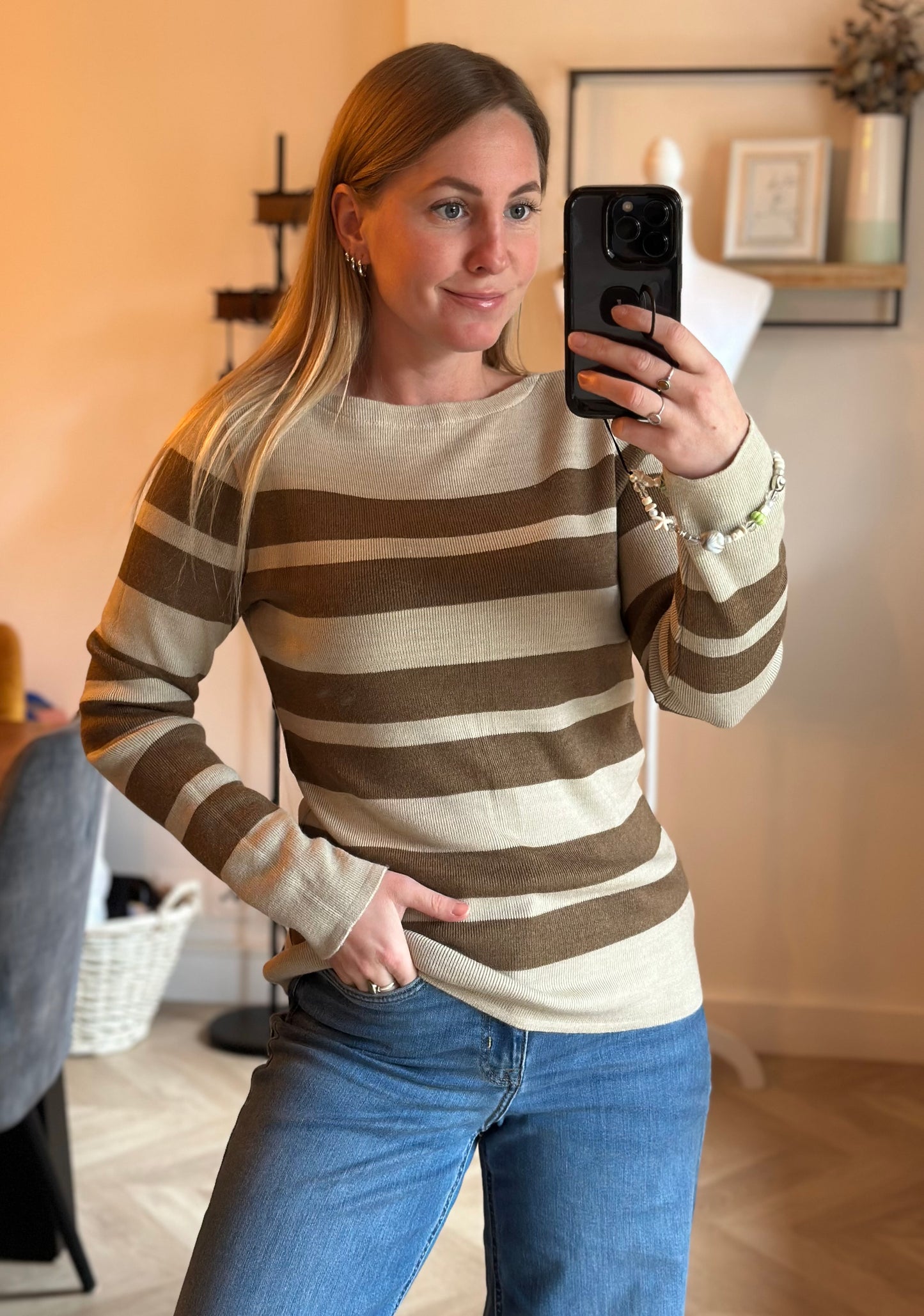 Pull marinière beige et marron laine mérinos fabriqué en France T.38