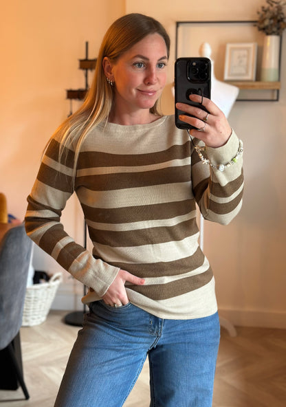 Pull marinière beige et marron laine mérinos fabriqué en France T.38