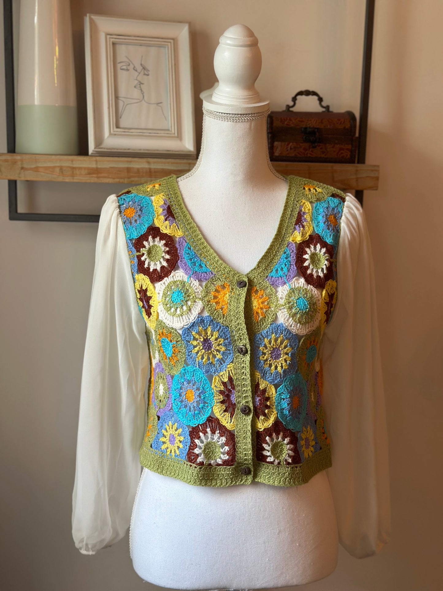 Cardigan crochet vert multicolore neuf T.36