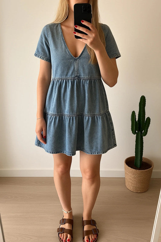 Robe en jean bleu à col V T.34