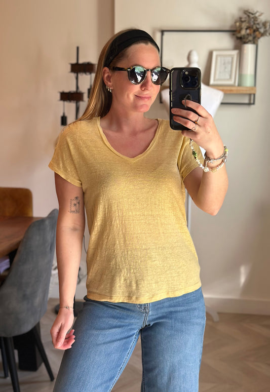 T-shirt lin jaune col V 100% lin T.36