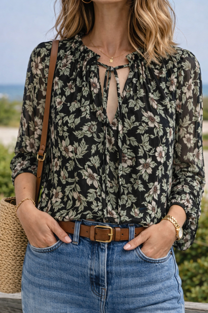 Blouse fluide à motifs fleuris verts, neuve, T.34