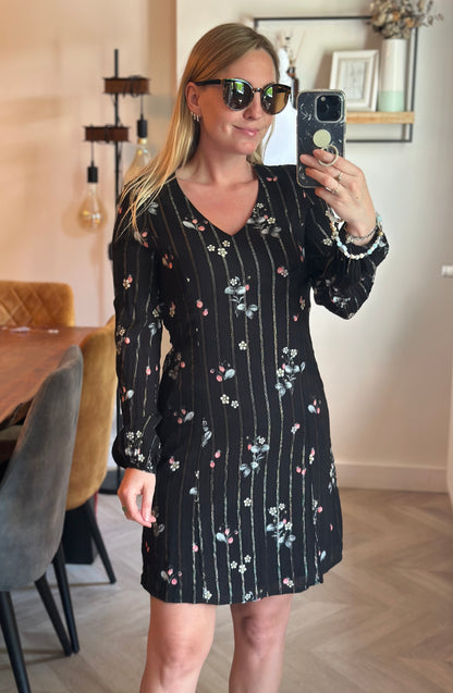 Robe noire fleurie rayée lurex T.36