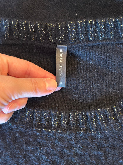 Pull noir maille texturée liseré doré laine et mohair T.36