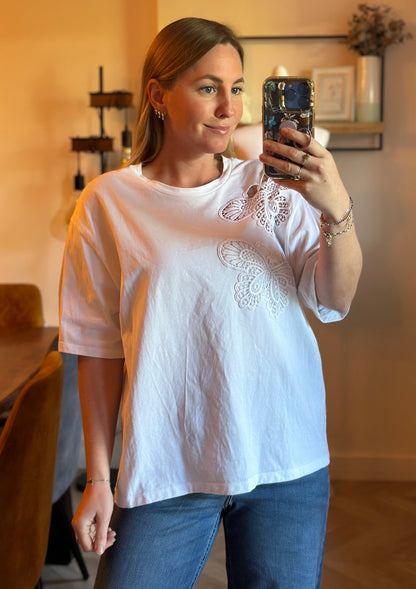 T-shirt manches courtes blanc brodé papillon en coton T.40 oversize