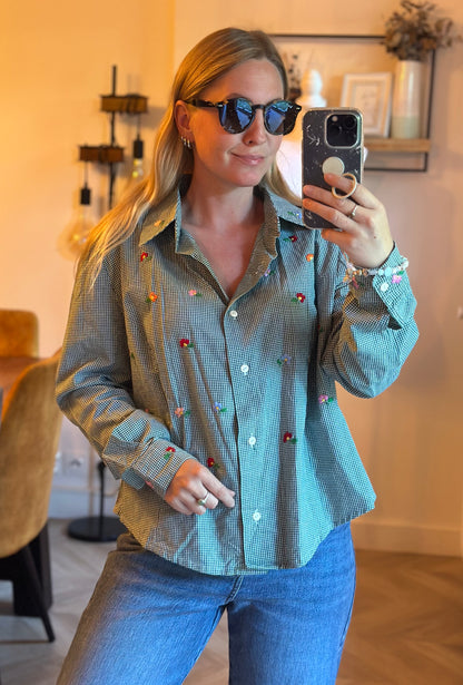 Chemise vintage vichy vert à fleurs brodées – Fabriquée en France T.U