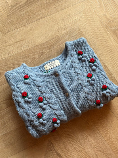 Pull vintage bleu brodé à fleurs (laine) T36