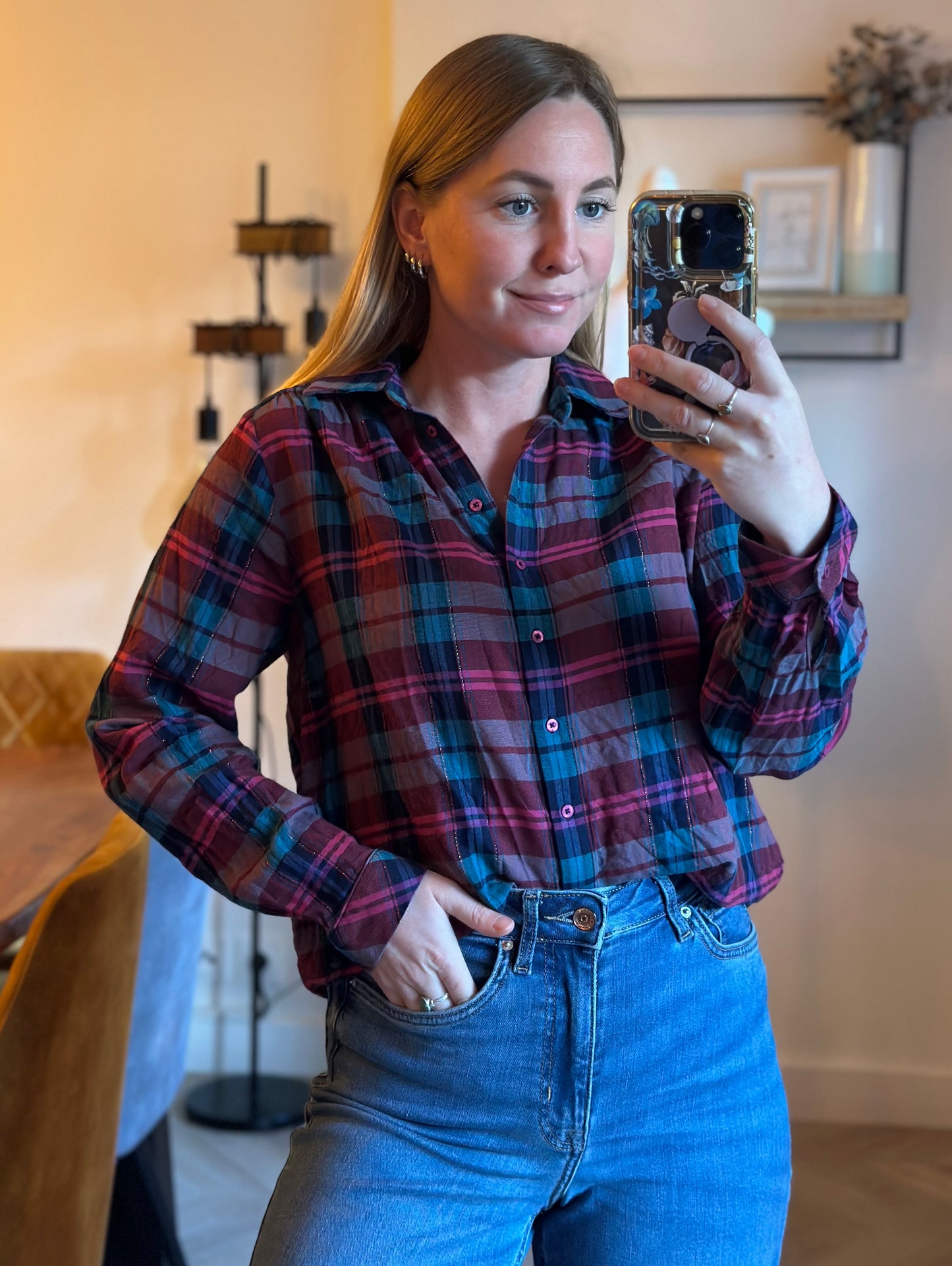Chemise à carreaux rouge rose bleu lurex en coton T.36
