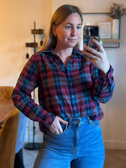 Chemise à carreaux rouge rose bleu lurex en coton T.36