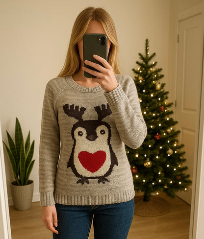 Pull gris motif pingouin Noël T.38