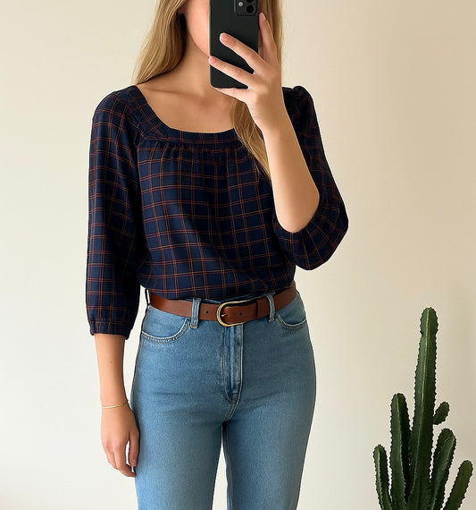 Blouse à carreaux bleu marine T.36
