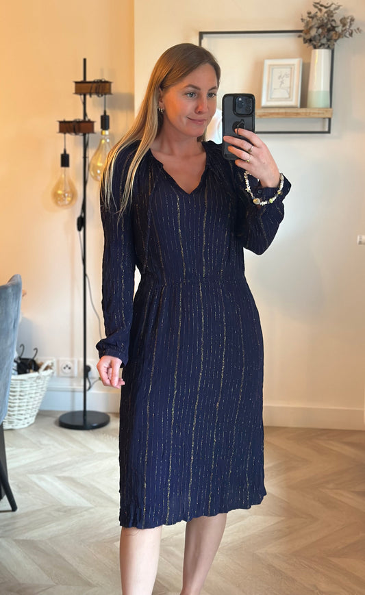 Robe midi fluide marine et lurex doré T.38