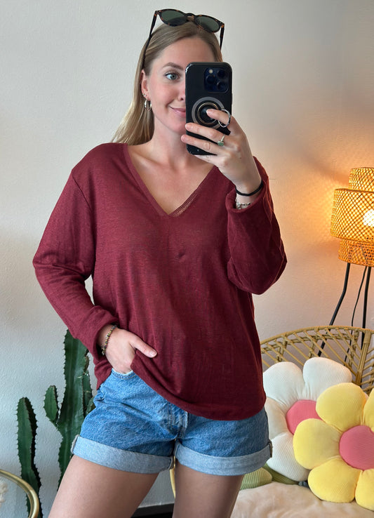 Pull en lin maille fine bordeaux, T.36/38, oversize, neuf avec étiquette