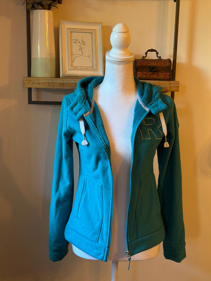 Sweat zippé à capuche uni bleu T.34