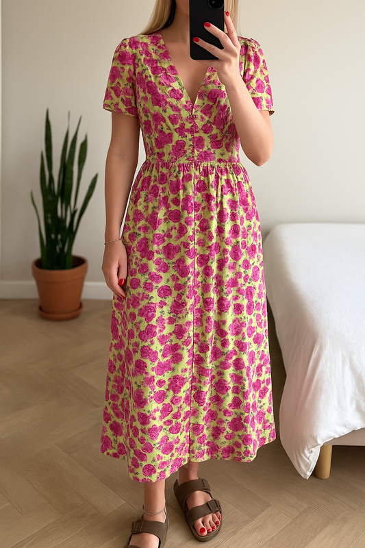 Robe longue fleurie rose et vert clair neuve T.36