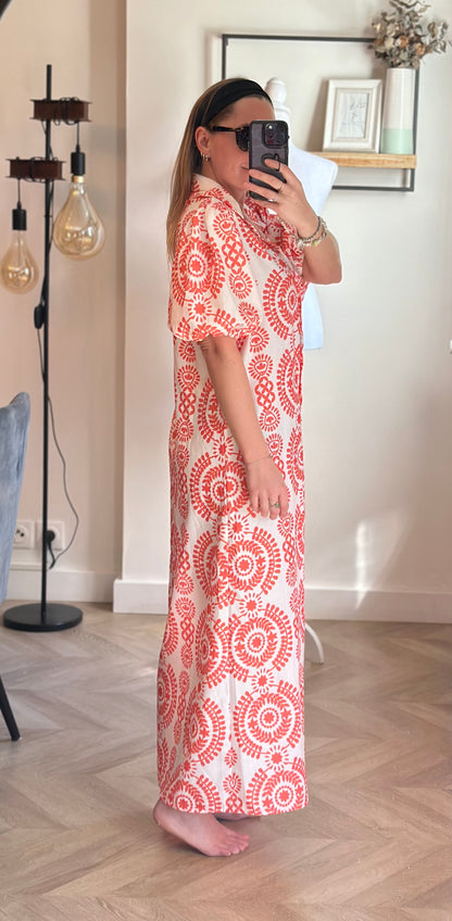 Robe longue imprimé graphique rouge blanc fluide T.38