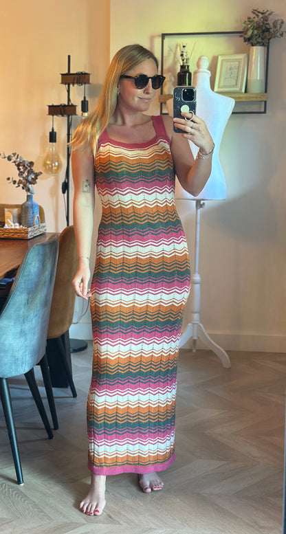 Robe longue maille ajourée multicolore T.36