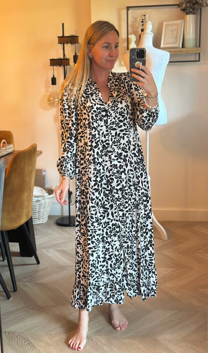 Robe longue fluide imprimé fleurs noir et blanc T.34
