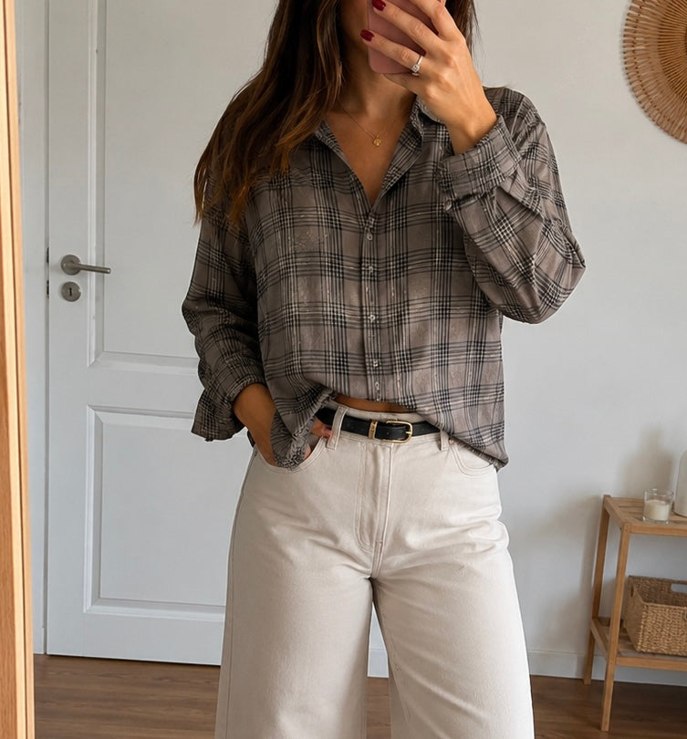 Chemise à carreaux lurex taupe et doré T.40