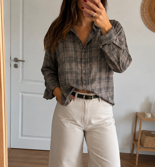 Chemise à carreaux lurex taupe et doré T.40