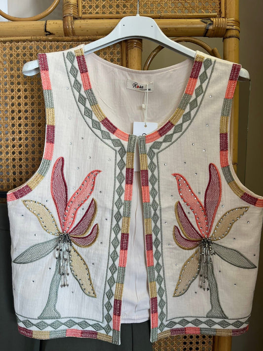 Gilet sans manches brodé fleuri T.36/38