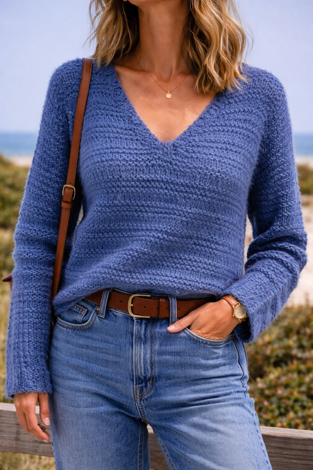 Pull en laine bleu col V fait main – pièce unique T.S/M
