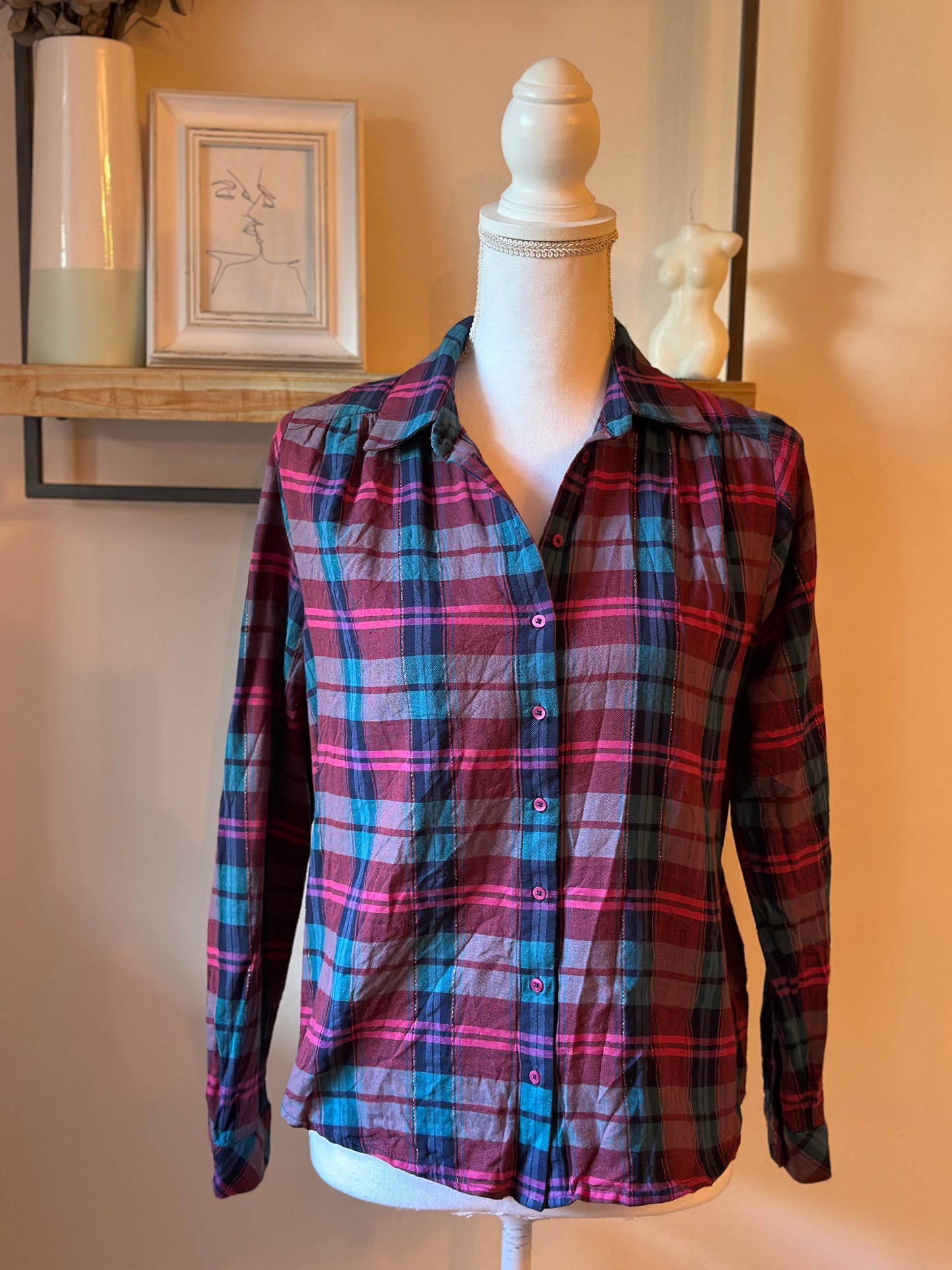 Chemise à carreaux rouge rose bleu lurex en coton T.36