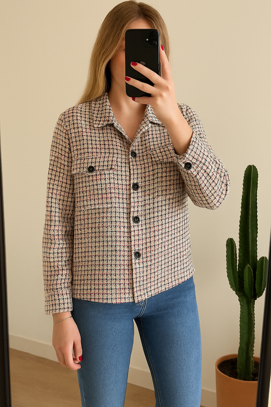 Veste tweed carreaux rouges T.40 oversize