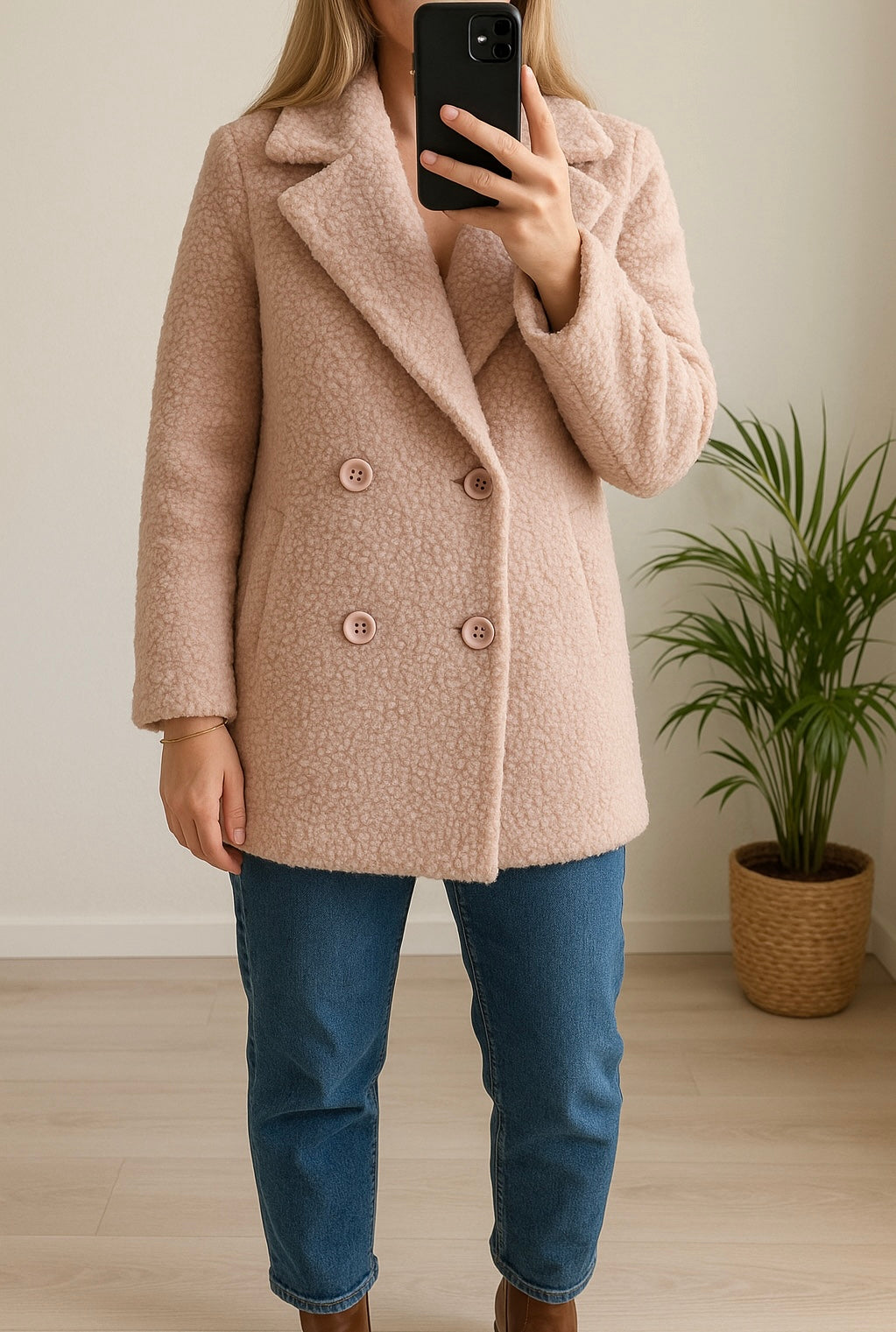 Manteau en bouclette rose clair doublé fabriqué en Italie T.36