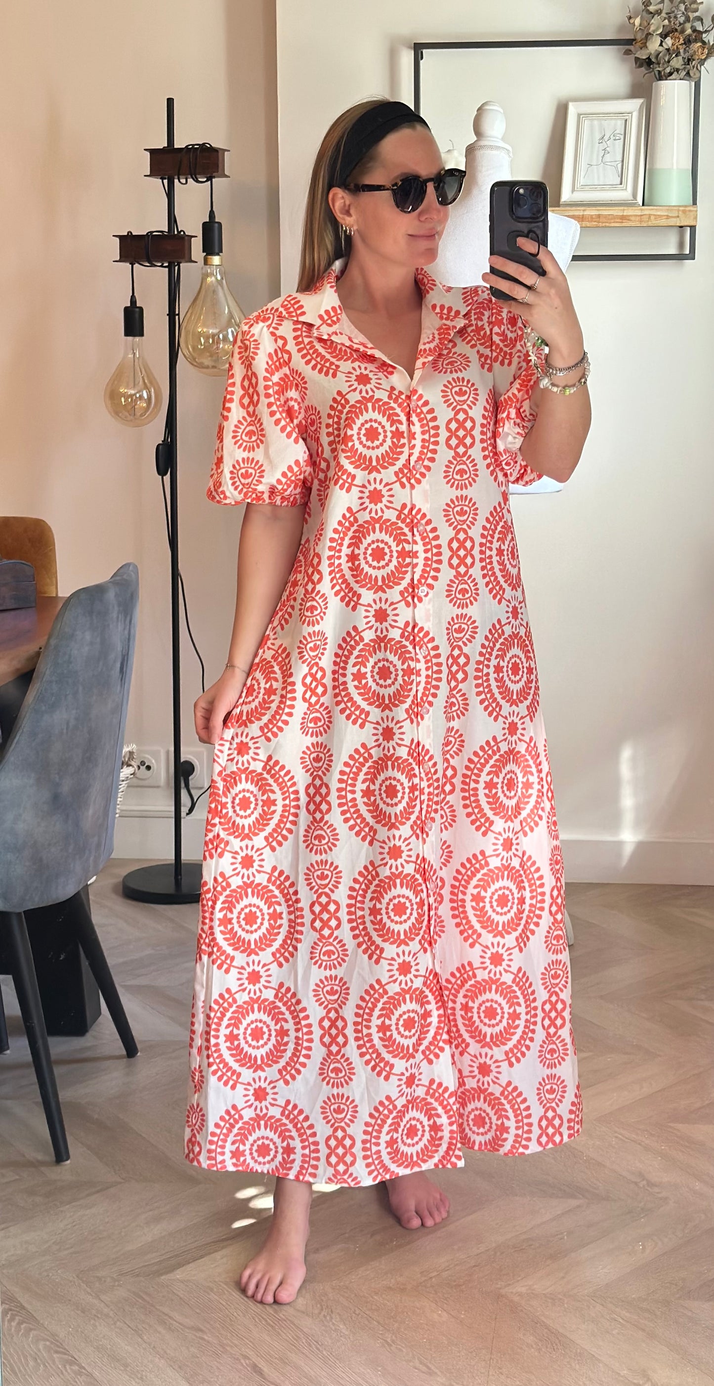 Robe longue imprimé graphique rouge blanc fluide T.38