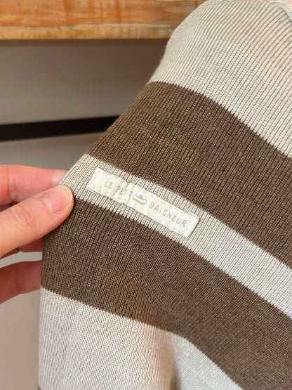 Pull marinière beige et marron laine mérinos fabriqué en France T.38