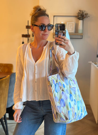 Sac tote bag en tissu imprimé de tulipes lila bleu neuf